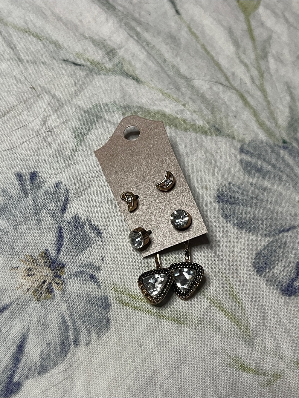 2 Pair Gold Earring Set – Moon Studs & Crystal Studs with dangles ✨